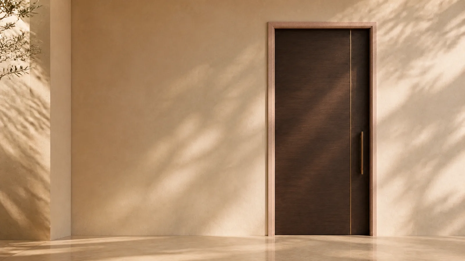 Dusty rose-pink Jodhpur sandstone door frame in a styled home — concept render