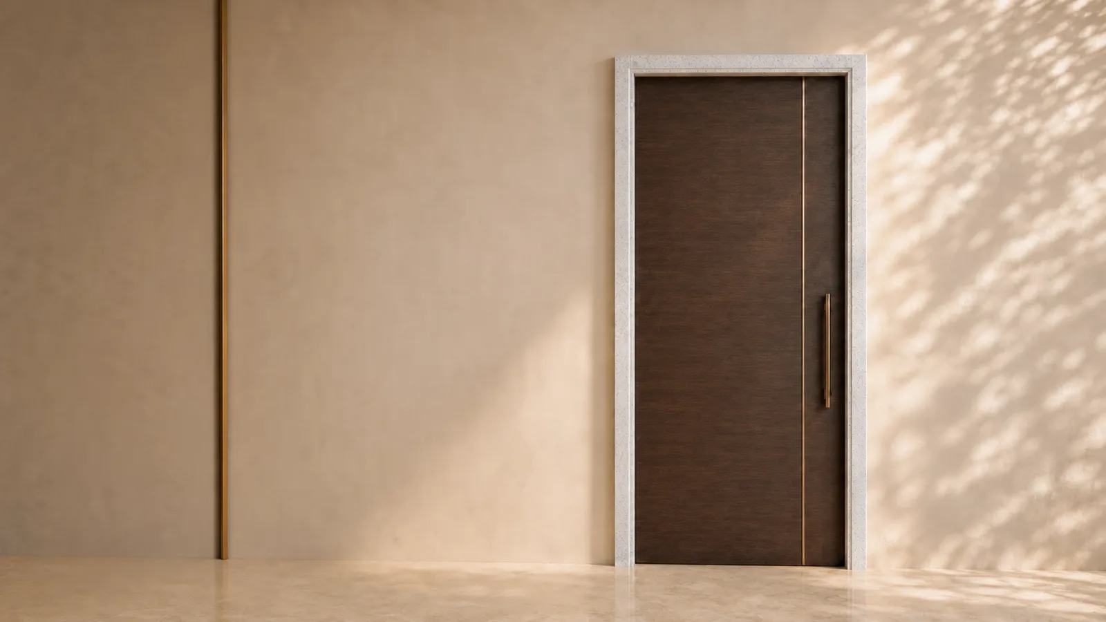 Speckled bone-white P White granite door frame in a styled home — concept render