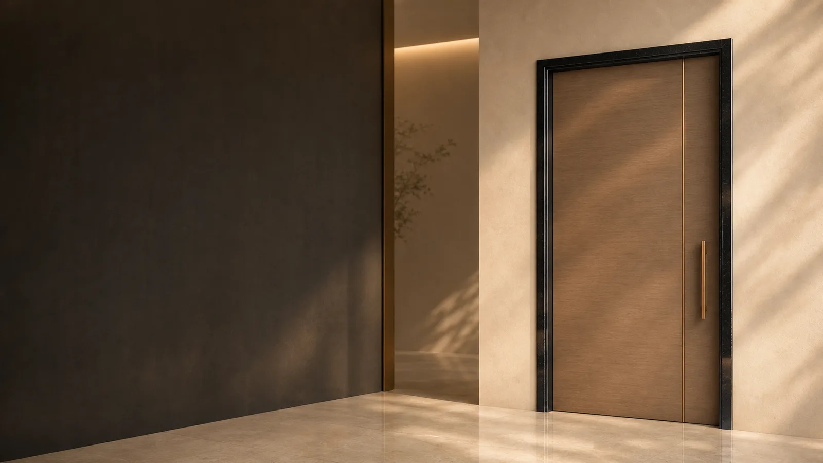 Mirror-gloss R Black granite door frame in a styled entryway — concept render