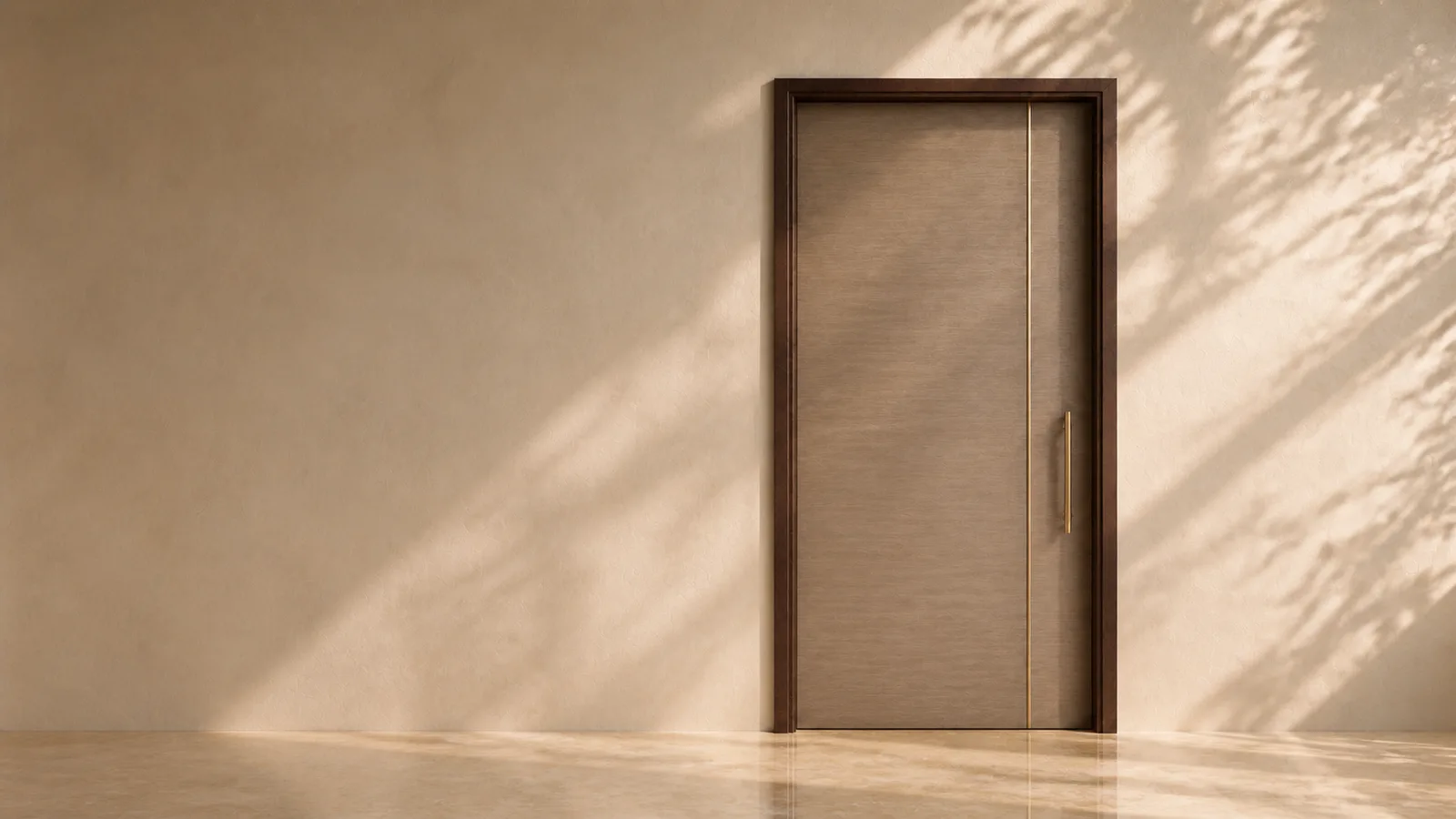 Dark walnut wood-finish Painted Stone door frame in a styled home — concept render